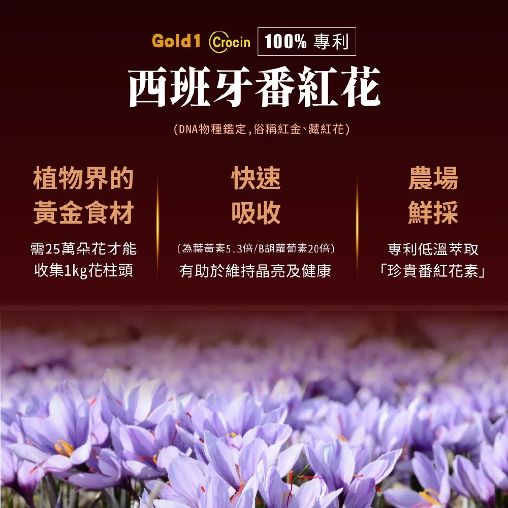 植物界的黃金食材Gold1 Crocin 100% 專利西班牙番紅花(DNA物種鑑定,俗稱紅金、藏紅花)快速吸收需25萬朵花才能收集1kg花柱頭(為葉黃素5.3倍/B胡蘿蔔素20倍)有助於維持晶亮及健康農場鮮採專利低溫取「珍貴番紅花素」