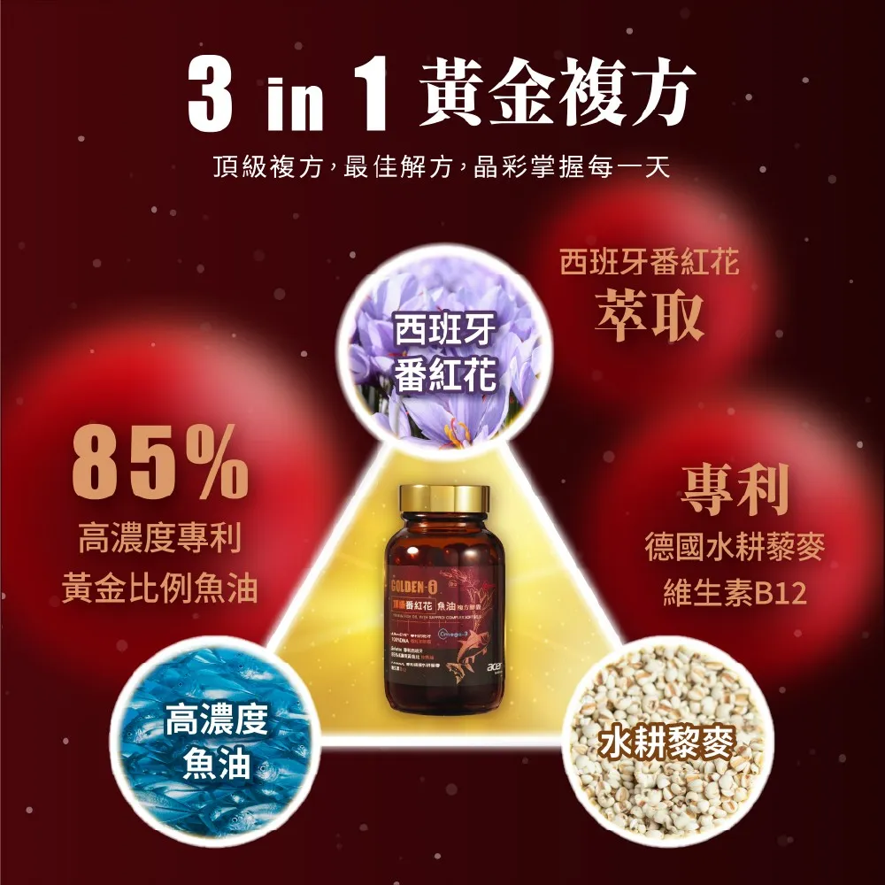 1黃金複頂級複方,最佳解方,晶彩掌握每一天85%高濃度專利西班牙番紅花黃金比例魚油番紅花 魚油方西班牙番紅花萃取專利德國水耕藜麥維生素B12高濃度魚油 -耕黎麥