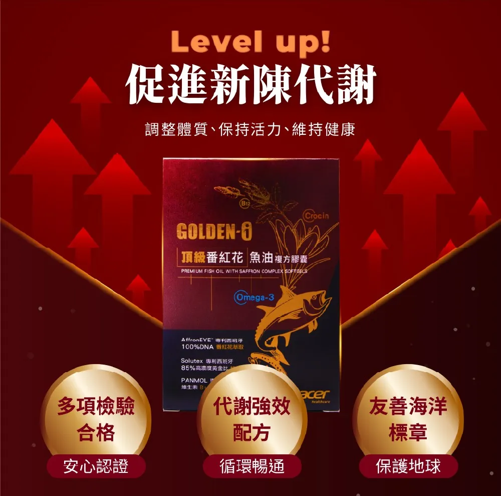 Level up!促進新陳代謝調整體質保持活力、維持健康GOLDEN-頂級番紅花 魚油複方膠囊PREMIUM FISH OIL WITH SAFFRON COMPLEX SOFTGELSOmega-3AffronEVE專利西班牙100%DNA 番紅花萃取Solutex 專利西班牙85%高濃度黃金比PANMOL維生素Crocinacer多項檢驗代謝強效友善海洋合格配方標章安心認證循環暢通保護地球