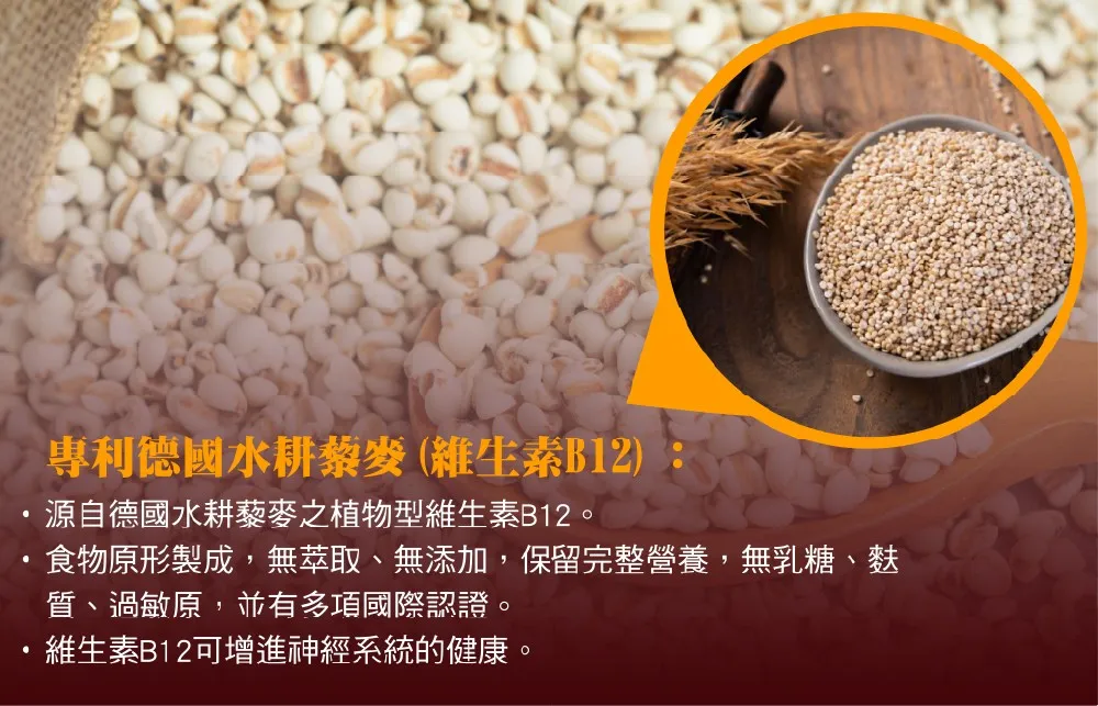 專利德國水耕藜麥(維生素B12):源自德國水耕藜麥之植物型維生素B12。食物原形製成,無萃取、無添加,保留完整營養,無乳糖、麩質、過敏原,並有多項國際認證。維生素B12可增進神經系統的健康。