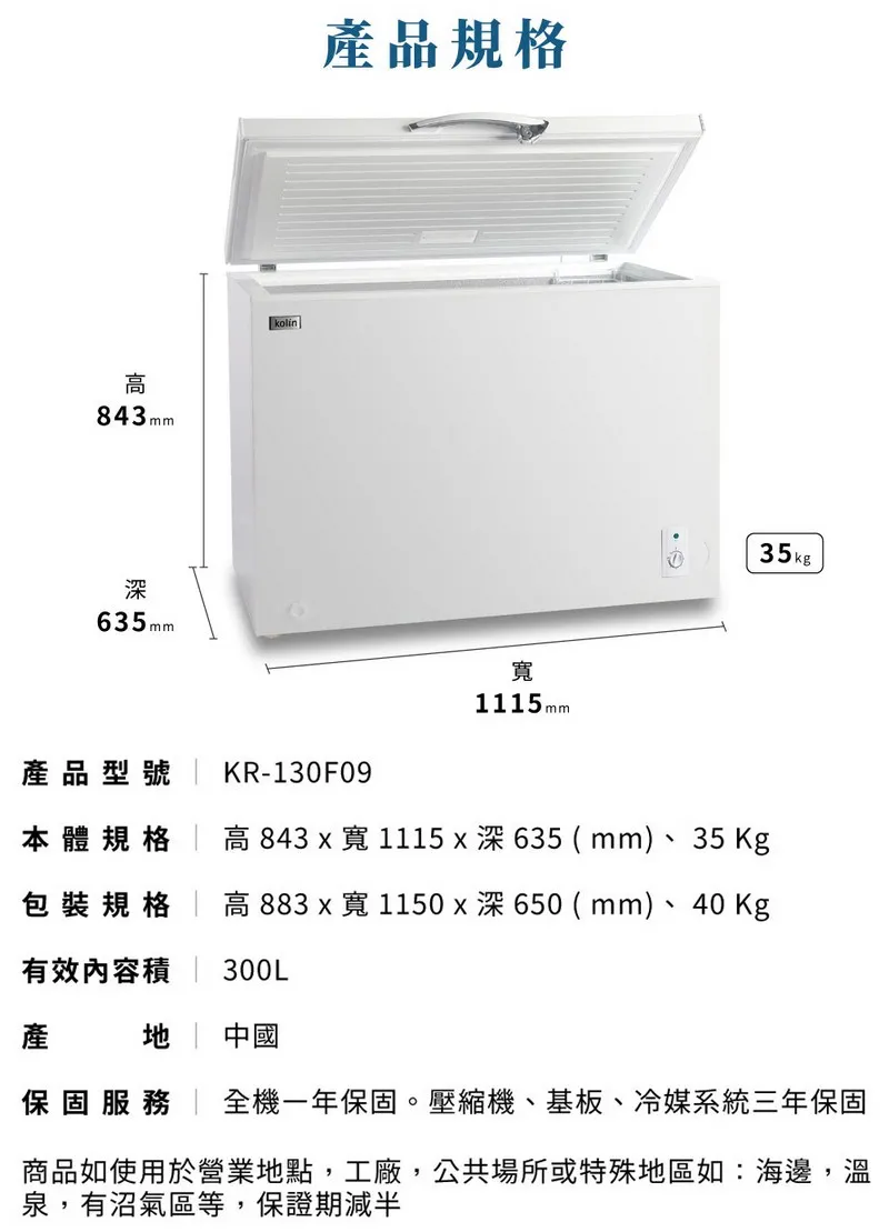 高843mm深635mmkolin產品規格寬1115mm35kg產品型號 KR-130F09本體規格 高843寬1115深635(mm)、35Kg包裝規格 高883 x 寬 1150 x深650(mm)、40 Kg有效內容積 300L產地 中國保固服務 全機一年保固。壓縮機、基板、冷媒系統三年保固商品如使用於營業地點,工廠,公共場所或特殊地區如:海邊,溫泉,有沼氣區等,保證期減半
