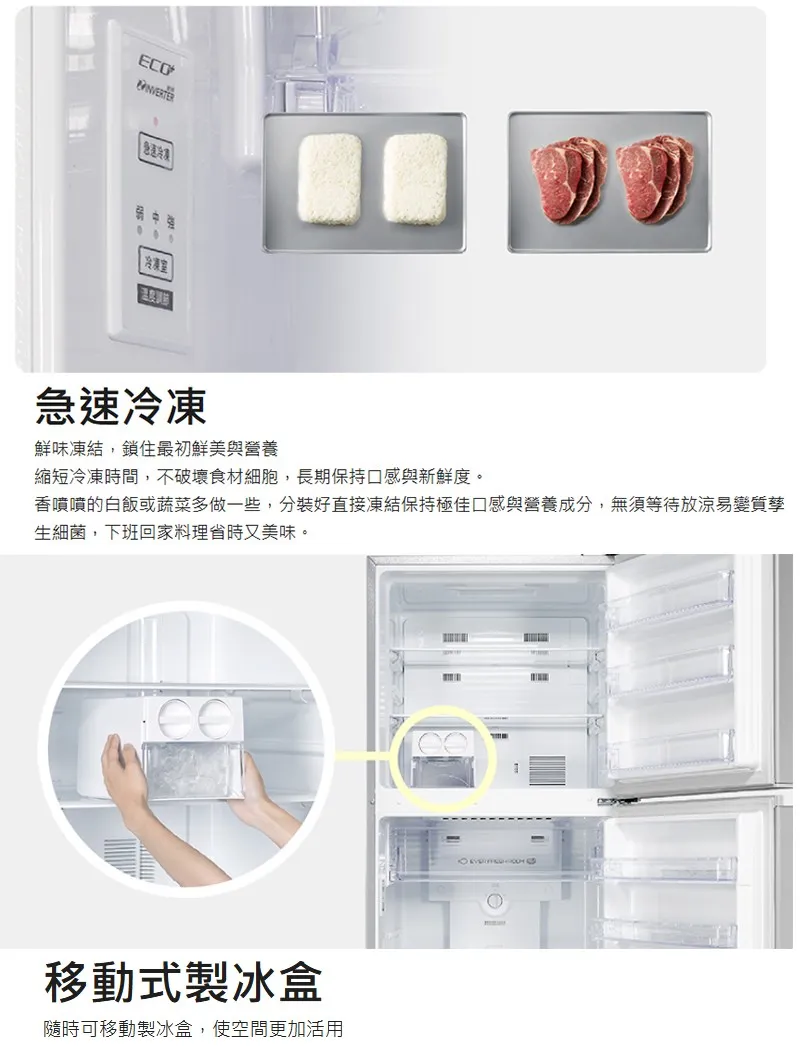 ECO冷凍室溫度調節急速冷凍鮮味凍結,鎖住最初鮮美與營養縮短冷凍時間,不破壞食材細胞,長期保持口感與新鮮度。香噴噴的白飯或蔬菜多做一些,分裝好直接凍結保持極佳口感與營養成分,無須等待放涼易變質孳生細菌,下班回家料理省時又美味。移動式製冰盒隨時可移動製冰盒,使空間更加活用