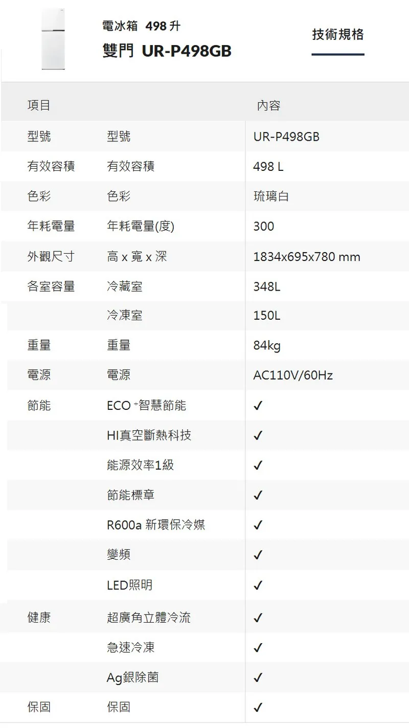 項目電冰箱 498升雙門 UR-P498GB內容技術規格型號型號UR-P498GB有效容積有效容積498 L色彩色彩琉璃白年耗電量年耗電量(度)300外觀尺寸高x寬x深1834x695x780 mm各室容量冷藏室348L冷凍室150L重量重量84kg電源電源AC110V/60Hz節能ECO +智慧節能HI真空斷熱科技能源效率1級節能標章R600a 新環保冷媒變頻LED照明健康超廣角立體冷流急速冷凍Ag銀除菌保固保固