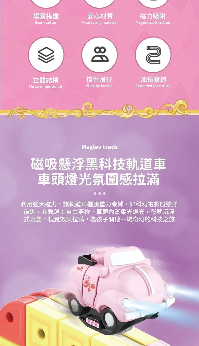 場景搭建安心材質磁力吸附Scene setupReassuring materialMagnetic attractionB8เก立體結構慣性滑行加長賽道Three-dimensionalSlide by inertiaExtended race trackMaglev track磁吸懸浮黑科技軌道車車頭燈光氛圍感拉滿利用強大磁力,讓軌道車擺脫重力束縛,如科幻電影般懸浮前進,在軌道上自由穿梭,車頭內置柔光燈光,夜晚沉浸式玩耍,視覺效果拉滿,為孩子開啟一場奇幻的科技之旅
