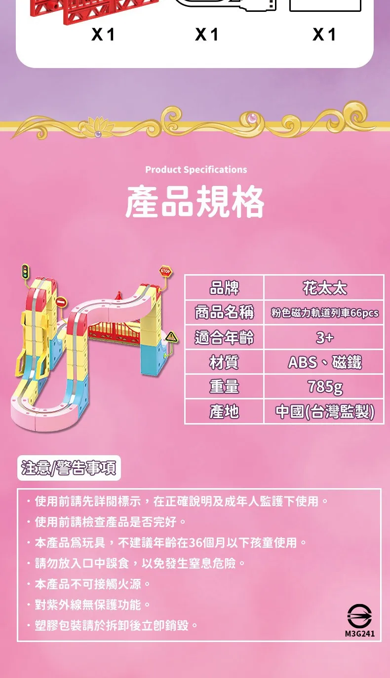 1X 1X1Product Specifications產品規格品牌花太太適合年齡材質重量商品名稱 粉色磁力軌道列車66pcs3+ABS、磁鐵785g產地中國(台灣監製)注意警告事項使用前請先詳閱標示,在正確說明及成年人監護下使用。使用前請檢查產品是否完好。產品爲玩具,不建議年齡在36個月以下孩童使用。請勿放入口中誤食,以免發生窒息危險。本產品不可接觸火源。對紫外線無保護功能。·塑膠包裝請於拆卸後立即銷毀。M3G241