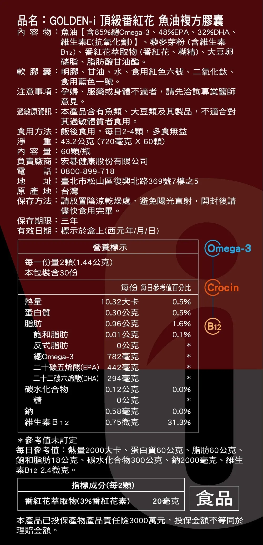 品名:GOLDEN-i 頂級番紅花 魚油複方膠囊 容 物:魚油【含85%總Omega-3、48%EPA、32%DHA、維生素E抗氧化劑)】、藜麥芽粉(含維生素B12)、番紅花萃取物(番紅花、糊精)、大豆卵磷脂、脂肪酸甘油酯。軟 膠 囊:明膠、甘油、水、食用紅色六號、二氧化鈦、食用藍色一號。注意事項:孕婦、服藥或身體不適者,請先洽詢專業醫師意見。過敏資訊:本品含有魚類、大豆類及其製品,不適合其過敏體質者食用。食用方法:飯後食用,每日2~4顆,多食無益淨顆)重:43.2公克(720毫克內容量:60顆/瓶負責廠商:宏碁健康股份有限公司電話:0800-899-718址:臺北市松山區復興北路369號7樓之5原 產 地:台灣保存方法:請放置陰涼乾燥處,避免陽光直射,開封後請儘快食用完畢保存期限:三年有效日期:標示於盒上(西元年/月/日)營養標示Omega-3每一份量2顆(1.44公克)本包裝含份每份 每日參考值百分比(Crocin熱量10.32大卡0.5%蛋白質0.30公克0.5%脂肪0.96公克1.6%(B12飽和脂肪0.01公克0.1%反式脂肪0公克總Omega-3782毫克二十碳五烯酸(EPA)442毫克二十二碳六烯酸(DHA)294毫克碳水化合物0.12公克0.0%糖0公克鈉0.58毫克0.0%維生素B120.75微克31.3%*參考值未訂定每日參考值:熱量2000大卡、蛋白質60公克、脂肪60公克、飽和脂肪18公克、碳水化合物300公克、鈉2000毫克、維生素B12 2.4微克。指標成分(每2顆)番紅花萃取物(3%番紅花素)20毫克食品本產品已投保產物產品責任險3000萬元,投保金額不等同於理賠金額。