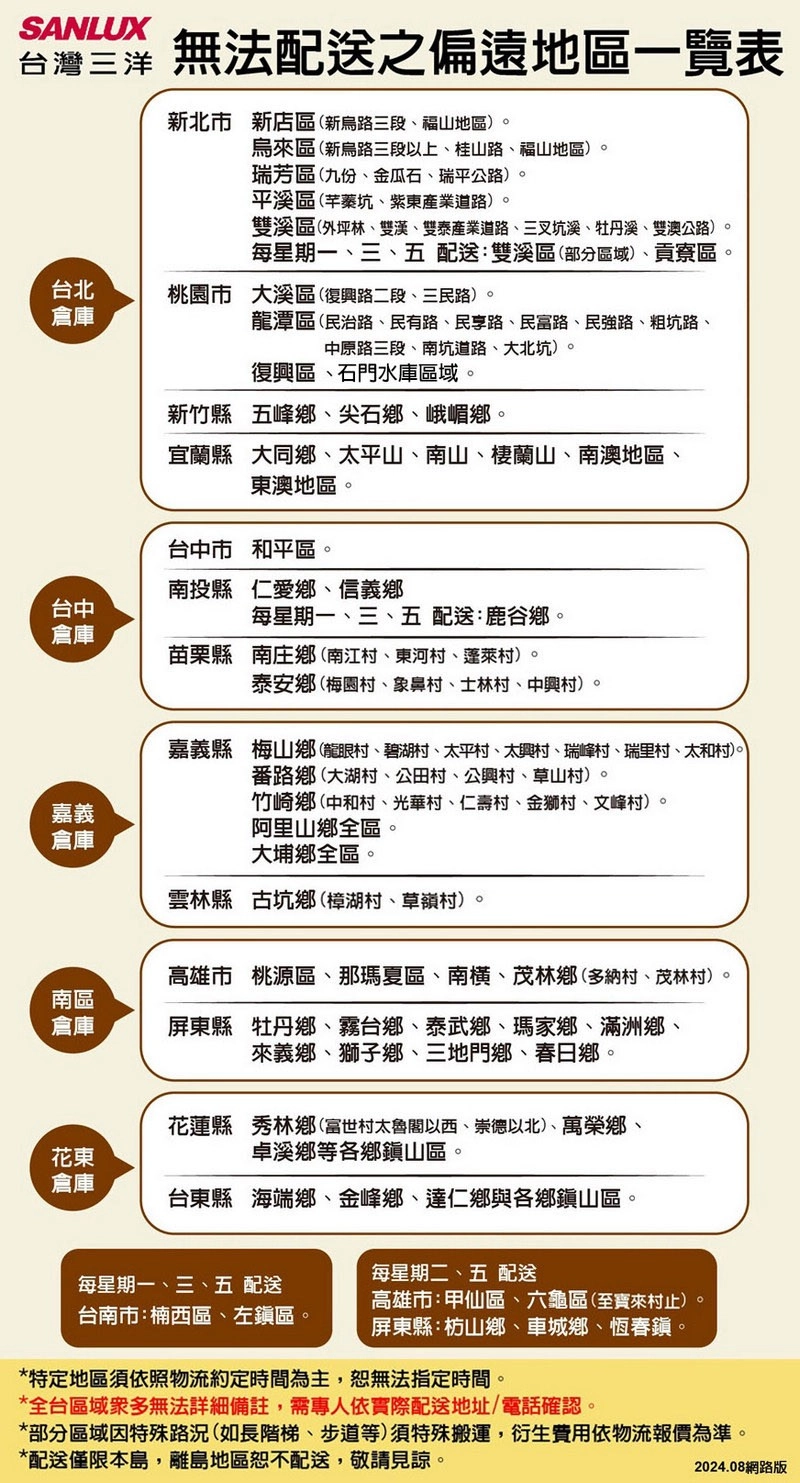 SANLUX台灣 無法之偏遠地區一覽表新北市新店區(新烏路三段、福山地區烏來區(新路三段以上、桂山路、福山地區瑞芳區(九份、金瓜石、瑞平公路平溪區(藥坑、)溪區(外坪林、雙溪、雙產業、三叉坑溪、牡丹、雙澳公路)每星期一、三、五 配送:雙溪區(部分區域)、貢寮區。台北桃園市大溪區(興路二段、三民路)。倉庫龍潭區民治路、民有路、民享路、民富路、民強路、粗坑路、中原路三段、南坑道路、大北坑)。台中倉庫嘉義復興區、石門水庫區域。新竹縣五峰、尖石鄉、峨嵋鄉。宜蘭縣大同鄉、太平山、南山、棲蘭山、南澳地區、東澳地區。台中市和平區。南投縣仁愛鄉、信義鄉每星期一、三、五 配送:鹿谷鄉。苗栗縣南庄鄉(南江、東河村、蓬萊村)。泰安鄉(梅園村、村、士林村、中興村)。嘉義縣梅山鄉(龍眼村、碧湖村、太平村、太興村、瑞峰村、瑞里村、太和村)。番路鄉大湖村、公田村、公興村、草山村)。竹崎鄉中和村、光華村、仁壽村、金獅村、文峰村)。阿里山鄉全區。倉庫大埔鄉全區。雲林縣古坑鄉(村、草嶺村)。高雄市桃源區、那瑪夏區、南、茂林鄉(多納村、茂林村)。南區倉庫屏東縣牡丹鄉、霧台鄉、泰武鄉、瑪家鄉、滿洲鄉、來義鄉、獅子鄉、三地門鄉、春日鄉。花東花蓮縣秀林鄉(富世村太魯閣以西、崇德以北)、萬榮鄉、卓溪鄉等各鄉山區。倉庫台東縣海端鄉、金峰鄉、達仁鄉與各鄉鎮山區。每星期二、五 配送每星期一、三、五 配送台南市:楠西區、左鎮區。高雄市:甲仙區、六龜區(寶來村止)。屏東縣:枋山鄉、車城鄉、恆春鎮。*特定地區依照物流約定時間為主恕無法指定時間。*全台區域無法詳細備註需專人依實際配送地址/電話確認。*部分區域因特殊路況(如長階梯、步道等)須特殊搬運,衍生依物流報價為準。*配送僅限本島,離島地區恕不配送,敬請見諒。2024.08網路版