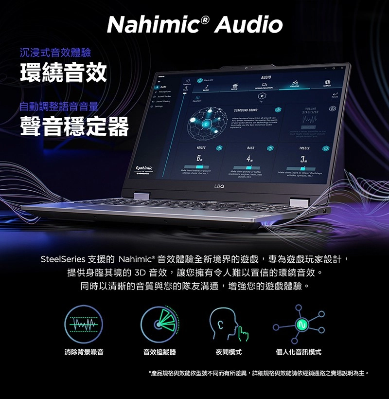 沉浸式音效體驗環繞音效自動調整語音音量Ⓡ Audio 聲音穩定器 SOUND uSTABILIZER64 Nahimic yo TREBLE3 SteelSeries 支援的 Nahimic® 音效體驗全新境界的遊戲,專為遊戲玩家設計,提供身臨其境的3D音效,讓您擁有令人難以置信的環繞音效。同時以清晰的音質與您的隊友溝通,增強您的遊戲體驗。消除背景噪音音效追蹤器夜間模式個人化音訊模式*產品規格與效能依型號不同而有所差異,詳細規格與效能請依經銷通路之賣場說明為主。