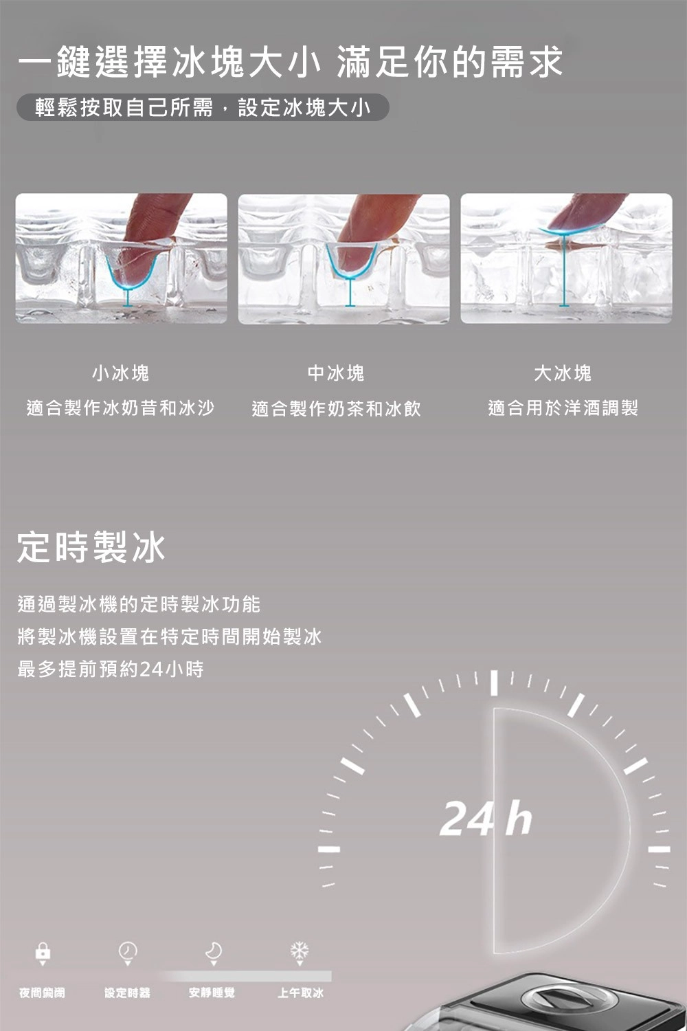 一鍵選擇冰塊大小 滿足你的需求輕鬆按取自己所需,設定冰塊大小小冰塊中冰塊大冰塊適合製作冰奶昔和冰沙適合製作奶茶和冰飲適合用於洋酒調製定時製冰通過製冰機的定時製冰功能將製冰機設置在特定時間開始製冰最多提前預約24小時夜間閉設定時器安靜睡覺上午取冰24h