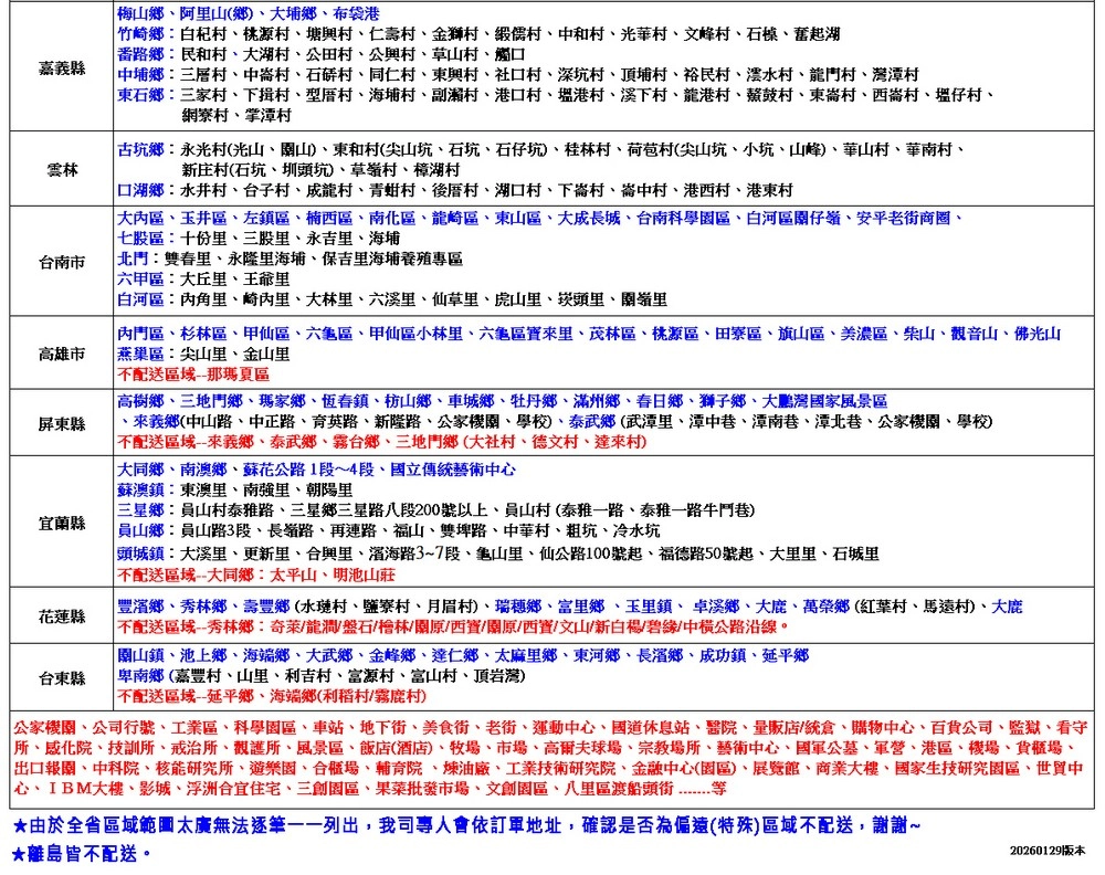 嘉義縣雲林台南市高雄市屏東縣宜蘭縣花蓮縣台東縣 梅山鄉阿里山鄉)鄉布袋 竹崎鄉:白村桃源村塘村仁壽村金獅村儒村中和村光華村文峰村、、奮起湖 路鄉:民和村、湖村、公田村、公村、草山村、觸 中埔鄉:三層村、中村、石村、同仁村、東興村、社口村、深坑村、頂埔村、裕民村、水村、龍門村、灣村東石鄉:三家村、下村、型厝村、海埔村、副瀨村、口村、港村、溪下村、龍港村、村、東崙村、西崙村、塭仔村、網寮村、掌潭村 古坑鄉:永光村(光山、山)、東和村(尖山坑、石坑、石仔坑)、桂林村、荷苞村(尖山坑、小坑、山峰)、華山村、華南村、新庄村(石坑、圳坑)、草嶺村、樟湖村 口湖鄉:水井村、台子村、成龍村、青蚶村、後厝村、湖口村、下崙村、崙中村、港西村、港大區、玉井區、左鎮區、楠西區、南化區、龍崎區、東山區、大成長城、台南科學園區、白河區仔嶺、安平老商圈、 七股區:十份里、三股里、永吉里、海埔 北門:雙春里、永隆里海埔、保吉里海埔專區六甲區:大丘里、王爺里 白河區:里、崎里、大林里、六溪里、仙草里、虎山里、崁里、里 門區、杉林區、甲仙區、六龜區、甲仙區小林里、六龜區里、茂林區、桃源區、田寮區、旗山區、美濃區、柴山、觀音山、佛光山燕巢區:尖山里、金山里配送那瑪夏區 高樹鄉、三地門鄉、瑪家鄉、恆春鎮、枋山鄉、車城鄉、牡丹鄉、滿州鄉、春日鄉、獅子鄉、大鵬灣國家風景區、義鄉(中山路、中正路、英路、新隆路、機關、學校、泰武鄉(武潭里、、潭南巷、潭北巷、公家機關、學校配送來義鄉、泰武鄉、霧台鄉、三地門鄉大社村、德文村、達來村) 大同鄉、南澳鄉、蘇花公路1段~4段、國立傳統藝術中心蘇澳鎮:東澳里、南里、朝陽里三星鄉員山村路、三星鄉三星路八段200號以上、員山村(泰雅一路、泰雅一路牛鬥巷)員山鄉員山路3段、長嶺路、再連路、福山、雙埤路、中華村、粗坑、冷水坑 頭城鎮:里、更新里、合興里、濱海路3~7段、龜山里、仙公路100號起、福德路50號起、大里里、石城里不配送大同鄉:太平山、明池山莊 豐濱鄉、秀林鄉、壽豐鄉(水村、鹽寮村、月眉村)、瑞穗鄉、富里鄉、玉里鎮、卓溪鄉、大鹿、萬榮鄉(紅葉村、馬遠村)、大鹿不配送區域秀林鄉:奇萊龍盤石/檜林/關/西/關原/西/文山/新白楊/碧緣/中公路沿線 關山鎮、池上鄉、海端鄉、大武鄉、金峰鄉、達仁鄉、太麻里鄉、東河鄉、長濱鄉、成功鎮、延平鄉卑南鄉(嘉豐村、山里、利吉村、富源村、富山村、頂岩灣) 不配送區域延平鄉、海端鄉(利稻村/霧鹿村) 公家機關、公司行號、工業區、科學園區、車站、地下街、美食街、老街、運動中心、國道休息站、醫院、量販店/統倉、購物中心、百貨公司、監獄、看守、、技訓所、戒治所、觀護所、風景區、飯店(酒店)、牧場、市場、高爾夫球場、宗教場所、藝術中心、國軍公墓、軍營、港區、機場、貨場、 出口報關、中科院、核能研究所、、合櫃場、輔育院、煉油廠、工業技術研究院、金融中心(園區)、展覽館、商業大樓、國家生技研究園區、世貿中心、IBM大樓、影城、浮洲合宜住宅、三創園區、果菜批發市場、文創園區、八里區渡船頭街 等由於全省區域範圍太廣無法逐筆一一列出,我司專人會依訂單地址,確認是否()區域不配送,謝謝~皆不配送。20260129版本