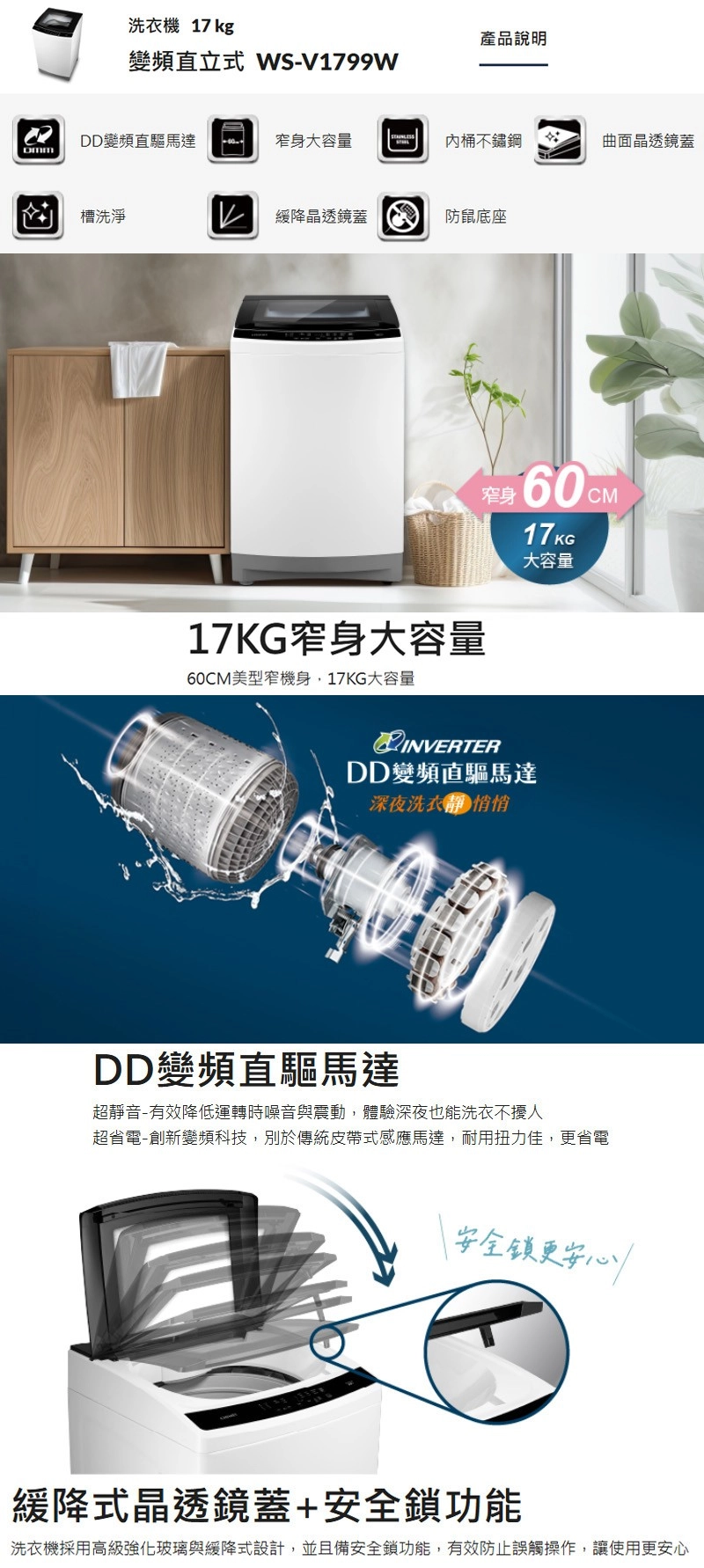 洗衣機 17 kg產品說明變頻直立式 WS-V1799WDD變頻直驅馬達窄身大容量不鏽鋼曲面晶透蓋 槽洗淨鏡防鼠底座17KG窄身大容量60CM美型窄機身,17KG大容量窄身60CM17KG大容量INVERTERDD變頻直驅馬達深夜洗衣静悄悄DD變頻直驅馬達超靜音-有效降低運轉時噪音與震動,體驗深夜也能洗衣不擾人超省電-創新變頻科技,別於傳統皮帶式感應馬達,耐用扭力佳,省電安全更緩降式晶透鏡蓋+安全鎖功能洗衣機採用高級強化玻璃與緩降式設計,並且備安全鎖功能,有效防止誤觸操作,讓使用更安心