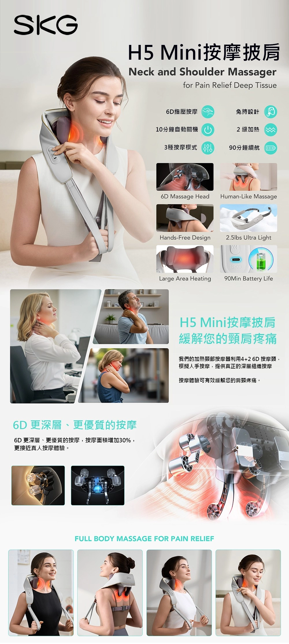 SKGH5 Mini按摩披肩Neck and Shoulder Massagerfor Pain Relief Deep Tissue6D 更深層、更優質的按摩6D 更深層、更優質的按摩,按摩面積增加30%,更接近真人按摩體驗。6D指壓按摩免持設計10分鐘自動關機2級加熱3種按摩模式 90分鐘續航6D Massage HeadHuman-Like MassageHands-Free Design2.5lbs Ultra LightLarge Area Heating90Min Battery LifeH5 Mini按摩披肩緩解您的頸肩疼痛我們的加熱頸部按摩器利用4+26D 按摩頭,模擬人手按摩,提供真正的深層組織按摩按摩體驗可有效緩解您的肩頸疼痛。FULL BODY MASSAGE FOR PAIN RELIEF