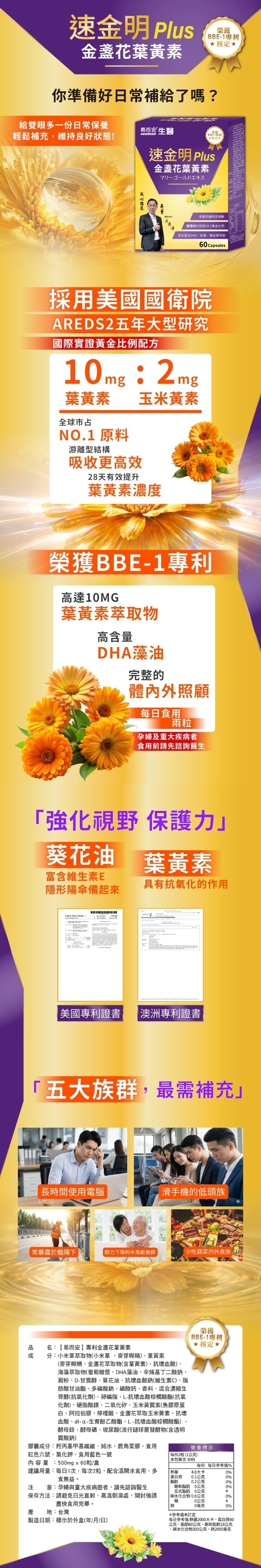 速 Plus葉黃素榮獲BBE1專利核定你準備好日補給了嗎?給雙眼多份日常保養易而安生醫輕鬆補充維持良好狀態!速金明 Plus金盞花葉黃素一多重防護明亮清晰嚴選專利認證102黃金比例添加藻油DHA紅藻蝦紅素萃取60capsules採用美國國衛院AREDS2五年大型研究國際實證黃金比例配方10mg:2mg葉黃素玉米黃素全球市占NO.1 原料游離型結構吸收更高效28天有效提升葉黃素濃度榮獲BBE-1專利高達10MG葉黃素萃取物高含量DHA藻油完整的體內外照顧每日兩粒孕婦及重大疾病者食用前請先諮詢醫生強化視野 保護力葵花油葉黃素富含維生素E具有抗氧化的作用隱形陽傘備起來美國專利證書| |澳洲專利證書五大族群,最需補充」長時間使用電腦滑手機的低頭族常暴露於豔陽下眼力下降的中高齡族群「少吃蔬菜的外食族 食用品榮獲名:【易而安專利金盞花葉黃素分:小米草萃取物(小米草、麥芽糊精)、葉黃素(麥芽糊精、金盞花萃取物(含葉黃素)、抗壞血酸)、海藻萃取物(葡萄糖漿、DHA藻油、辛烯基丁二酸鈉、澱粉、D-甘露醇、葵花油、抗壞血酸鈉(維生素C)、脂肪酸甘油酯、多磷酸鈉、磷酸鈣、香料、混合濃縮生育醇(抗氧化劑)、卵磷脂、L-抗壞血酸棕櫚酸酯(抗氧化劑)、硬脂酸鎂、二氧化矽、玉米黃質素(魚膠原蛋白、阿拉伯膠、檸檬酸、金盞花萃取玉米黃素、抗壞血酸、-生育酚乙酸酯、L-抗壞血酸棕櫚酸酯)、酵母鋅、酵母硒、玻尿酸(流行鏈球菌發酵物(含透明BBE-1專利核定★質酸鈉)膠囊成分:羥丙基甲基纖維、純水、鹿角菜膠、食用營養標示紅色六號、氯化鉀、食用藍色一號每份2粒(1公克| 本包裝含30份內容量:500mgx60粒/盒每份 每日參考值%建議用量:每日1次,每次2粒,配合溫開水食用,多熱量4.6大卡0%蛋白質0.1公克0%食無益。脂肪0.2公克0%注意:孕婦與重大疾病患者,請先諮詢醫生保存方法:請避免日光直射、高溫潮濕處,開封後請飽和脂肪0公克0%反式脂肪0公克碳水化合物0.6公克0%糖0公克產盡快食用完畢。地:台灣0毫克0%*參考值未訂定製造日期:標示於外盒(年/月/日)每日參考值:熱量2000大卡、蛋白質60公克、脂肪60公克、飽和脂肪18公、碳水化合物300公克、鈉2000毫克克