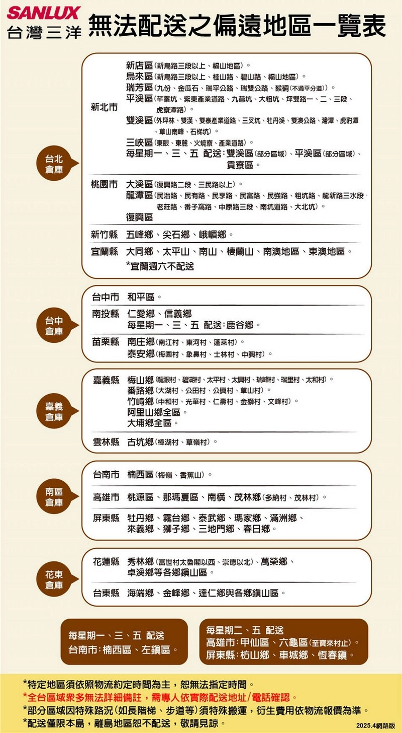 SANLUX台灣三洋 無法配送之偏遠地區一覽表新店區新路三段以上福山地區台北台中倉庫嘉新北市烏來區(新烏路三段以上桂山路碧山路福山地區瑞芳區(九份、金瓜石、瑞平公路、瑞雙公路、猴(不過平分道))平溪區(芊蓁坑、紫東產業道路、坑、大粗坑、坪雙路一、二、三段、虎潭路)雙溪區(外坪林、雙溪、雙泰產業道路、三叉坑、牡丹溪、雙澳公路、灣潭、虎豹潭草山南峰、石梯坑)三峽區(東眼、、火燒、產業道路)每星期一、三、五 配送雙溪區()、平溪區(部分)、貢寮區桃園市 大溪區(復興路二段、三民路以上)。潭區民治路、民有路、民享路、民富路、民強路、粗坑路、龍新路三水段、老莊路、子路、中原路三段、南坑道路、大北坑) 。復興區新竹縣五峰鄉、尖石鄉、峨嵋鄉。宜蘭縣大同鄉、太平山、南山、蘭山、南澳地區、東澳地區。*宜蘭週六不配送台中市和平區。南投縣仁愛鄉、信義鄉每星期一、三、五 配送:鹿谷鄉。苗栗縣南庄鄉(南江村、東河村、蓬萊村)。泰安鄉(梅園村、象鼻村、士林村、中興村)。嘉義縣梅山鄉(龍眼村、碧湖村、太平村、太興村、瑞峰村、瑞里村、太和村。番路鄉大湖村、公田村、公興村、草山村)。竹崎鄉中和村、光華村、仁壽村、金獅村、文峰村)。阿里山鄉全區。倉庫大埔鄉全區。雲林縣古坑鄉樟湖村、草村)。台南市楠西區(梅嶺、香蕉山)。南區倉庫高雄市桃源區、那瑪夏區、南横、茂林鄉(多納村、茂林村)。屏東縣牡丹鄉、台鄉、泰武鄉、瑪家鄉、滿洲鄉、來義鄉、獅子鄉、三地門鄉、春日鄉。花蓮縣秀林鄉(富世村太魯閣以西、崇德以北)、萬榮鄉、卓溪鄉等各鄉嶺山區。花東倉庫台東縣海端鄉、金峰鄉、達仁鄉與各鄉山區每星期一、三、五 配送每星期二、五 配送台南市:楠西區、左鎮區。高雄市:甲仙區、六龜區(止)。屏東縣枋山鄉、車城鄉、恆春鎮。*特定地區須依照物流約定時間為主恕無法指定時間。*全台區域無法詳細備註,需專人依實際配送地址/電話確認。*部分區域特殊路況(如長階梯、步道等)須特殊搬運,衍生費用依物流報價為準。*配送僅限本島,離島地區恕不配送,敬請見諒。2025.4網路版