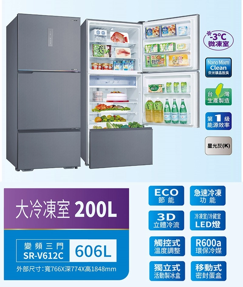 3C微凍室Nano MixmClean奈米礦晶脫臭台灣生產製造  能源效率星光灰(K)大冷凍室 200LECO節能急速冷凍功能冷凍室/冷藏室LED燈3D立體冷流變頻三門觸控式SR-V612C606L溫度調整外部尺寸:寬766X深774X高1848mm獨立式移動式活動製冰盒密封蛋盒R600a環保冷媒