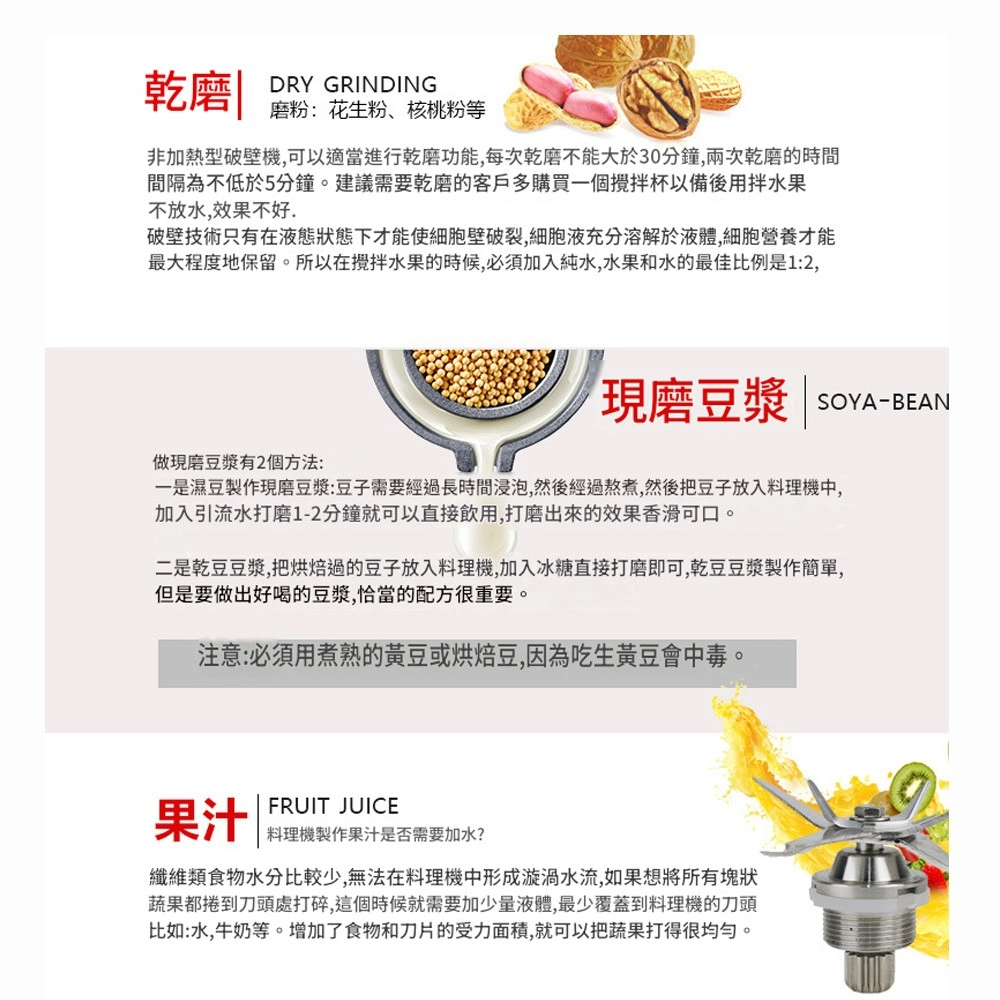 乾磨DRY GRINDING磨粉:花生粉、核桃粉等非加熱型破壁機,可以適當進行乾磨功能,每次乾磨不能大於30分鐘,兩次乾磨的時間間隔為不低於5分鐘。建議需要乾磨的客戶多購買一個杯以備後用拌水果不放水,效果不好.破壁技術只有在液態狀態下才能使細胞壁破裂,細胞液充分溶解於液體,細胞營養才能最大程度地保留。所以在攪拌水果的時候,必須加入純水,水果和水的最佳比例是1:2,現磨豆漿 | SOYA-BEAN做現磨豆漿有2個方法:一是濕豆製作現磨豆漿:豆子需要經過長時間浸泡,然後經過熬煮,然後把豆子放入料理機中,加入引流水打磨1-2分鐘就可以直接飲用,打磨出來的效果香滑可口。二是乾豆豆漿,把烘焙過的豆子放入料理機,加入冰糖直接打磨即可,乾豆豆漿製作簡單,但是要做出好喝的豆漿,恰當的配方很重要。注意:必須用煮熟的黃豆或烘焙豆,因為吃生黃豆會中毒。果汁FRUIT JUICE料理機製作果汁是否需要加水?纖維類食物水分比較少,無法在料理機中形成漩渦水流,如果想將所有塊狀蔬果都捲到刀頭處打碎,這個時候就需要加少量液體,最少覆蓋到料理機的刀頭比如:水,牛奶等。增加了食物和刀片的受力面積,就可以把蔬果打得很均勻。
