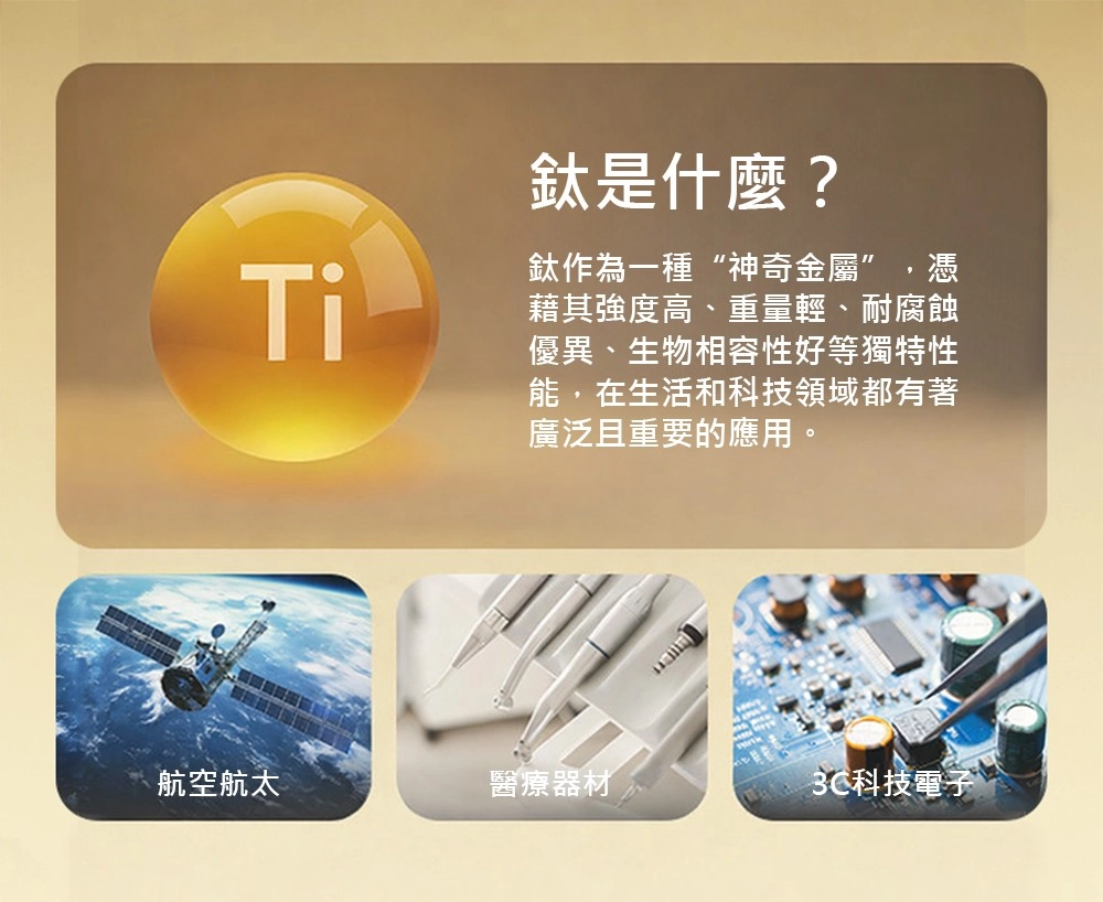 是什麼?Ti鈦作為一種“神奇金屬”,憑藉其強度高、重量輕、耐腐蝕優異、生物相容性好等獨特性能,在生活和科技領域都有著廣泛且重要的應用。航空航太醫療器材3C科技電子