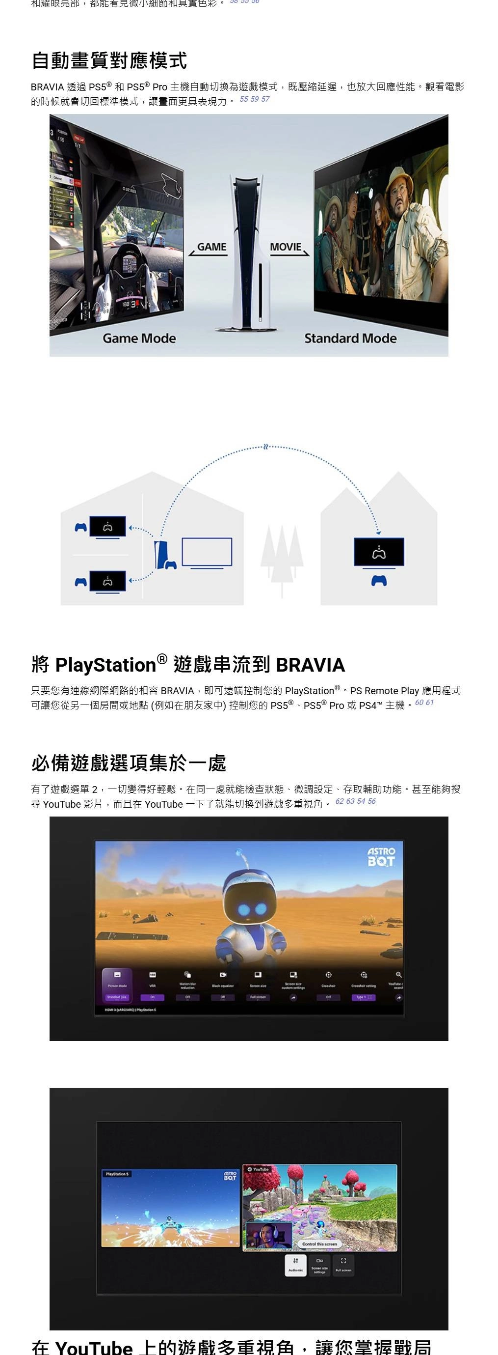 和耀眼亮部,都能微小細節和具貫色彩 自動畫質對應模式BRAVIA 透過 P ® 和PS5 ® Pro主機自動切換為遊戲模式,既壓縮延遲,也放大回應性能。觀看電影的時候就會切回標準模式,讓畫面更具表現力。 55 59 571/1GAMEMOVIEGame Moderd Mode ® 遊戲串流到 BRAVIA只要您有連線網際網路的相容 BRAVIA,即可遠端控制您的  ®。PS Remote Play 應用程式可讓您從另一個房間或地點 例如在朋友家中 控制您的 PS5®PS5 ® Pro 或PS4™ 主機。6 61必備遊戲選項集於一處有了遊戲選單,一切變得好輕鬆。在同一處就能檢查狀態、微調設定、存取輔助功能。甚至能夠搜尋 YouTube 影片,而且在 YouTube 就能切換到遊戲多重視角。 62 6 54 56StandaASTROBT0Q      YouTube  3 () PlayStation SPlayStation 5YouTubeASTROBOT this screen在 YouTube上的遊戲多重視角,讓您掌握戰局