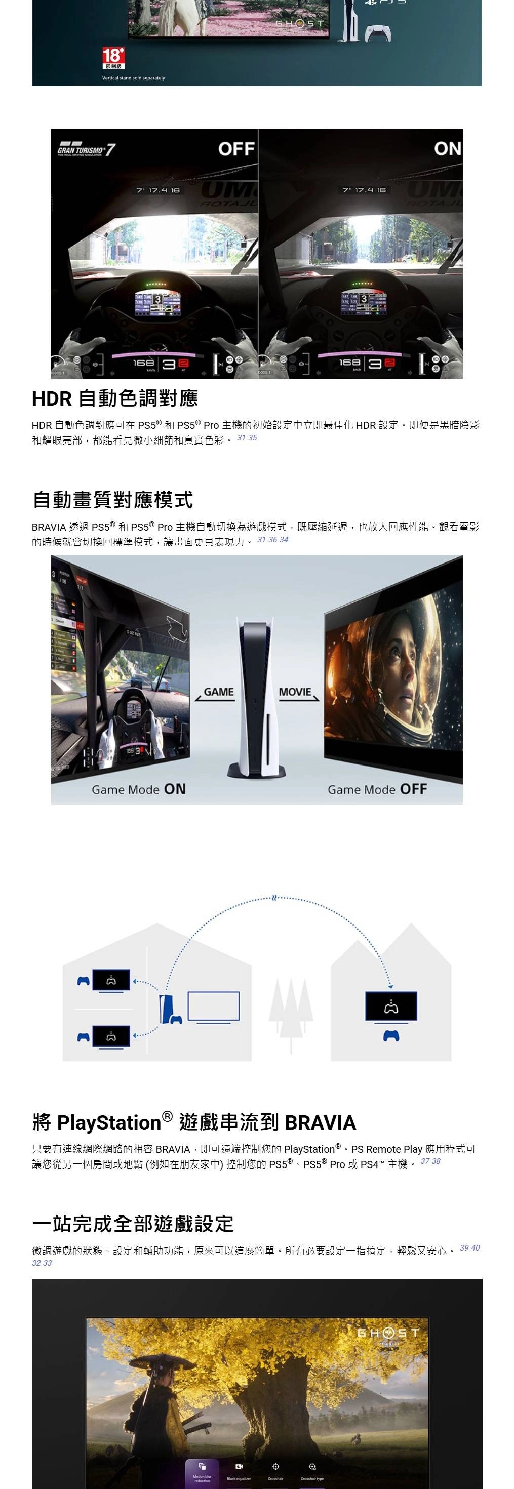 GRAN TURISMO18限制級Vertical stand sold separately 14 16168HDR 自動色調對應OFFGHOSON7 17.4 16UM168HDR 自動色調對應可在 ®和5 ® Pro主機的初始設定中立即最佳化 HDR 設定。即便是黑暗陰影和耀眼亮部,都能看見微小細節和真實色彩。 31 35自動畫質對應模式BRAVIA 透過 PS5 ® 和PS5 ® Pro主機自動切換為遊戲模式,既壓縮延遲,也放大回應性能。觀看電影的時候就會切換回標準模式,讓畫面更具表現力。31 36 34GAMEMOVIE.Game Mode ONGame Mode OFF PlayStation® 遊戲串流到 BRAVIA只要有連線網際網路的 BRAVIA,即可遠端控制您的 PlayStation® PS Remote Play 應用程式可讓您從另一個房間或地點(例如在朋友家中) 控制您的 、PS5® Pro 或 PS4™ 主機。37 38一站完成全部遊戲設定微調遊戲的狀態、設定和輔助功能,原來可以這麼簡單。所有必要設定一指搞定,輕鬆又安心。 39 4032 33 Black reductionCrosshair