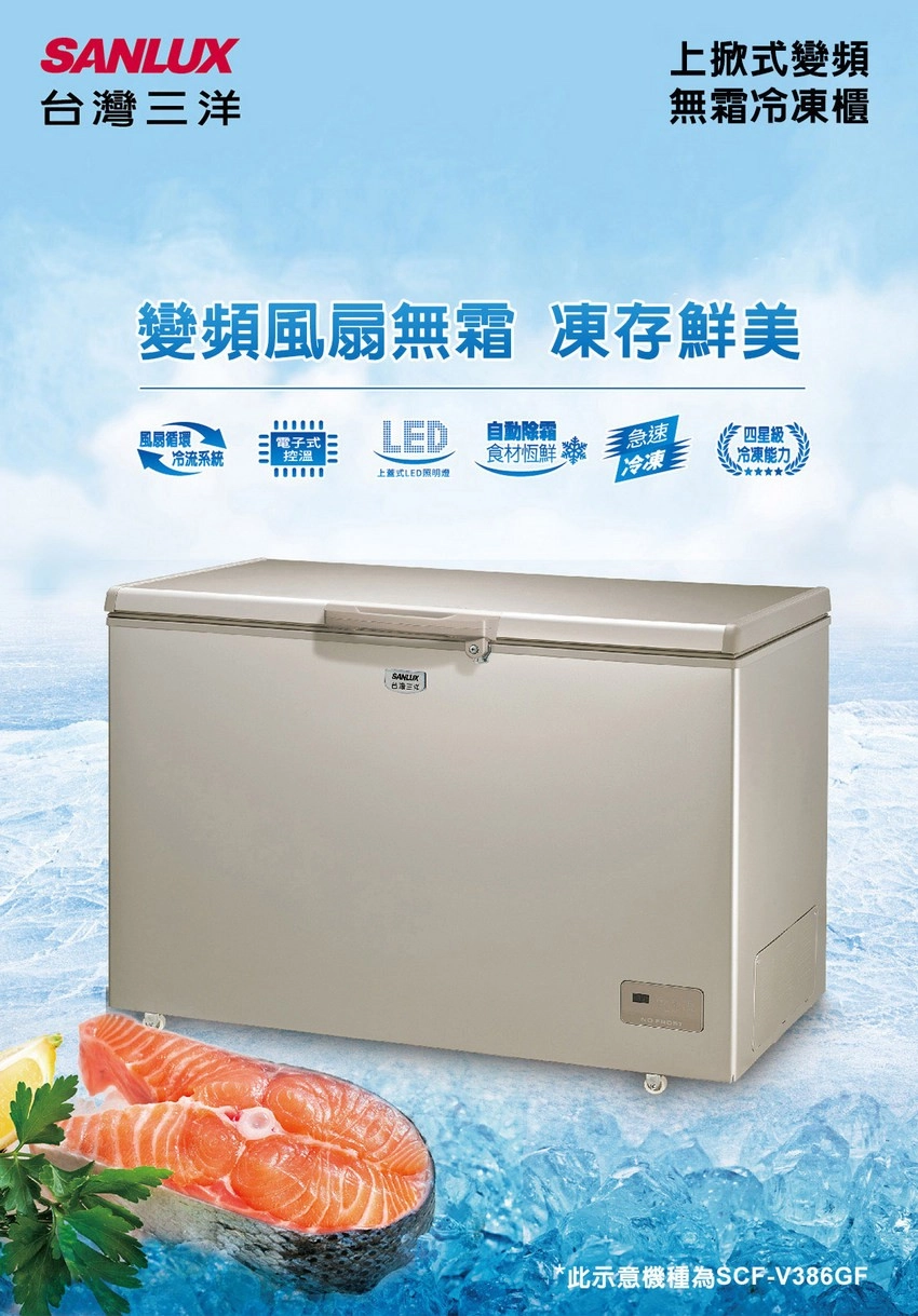 SANLUX台灣洋上變頻無霜冷凍櫃變頻風扇無霜 凍存鮮美LED風扇循環冷流系統電子式|控溫自動除霜上蓋式LED照明食材恆鮮 急速冷凍 三四星級冷凍能力三*此示意機種為SCF-V386GF