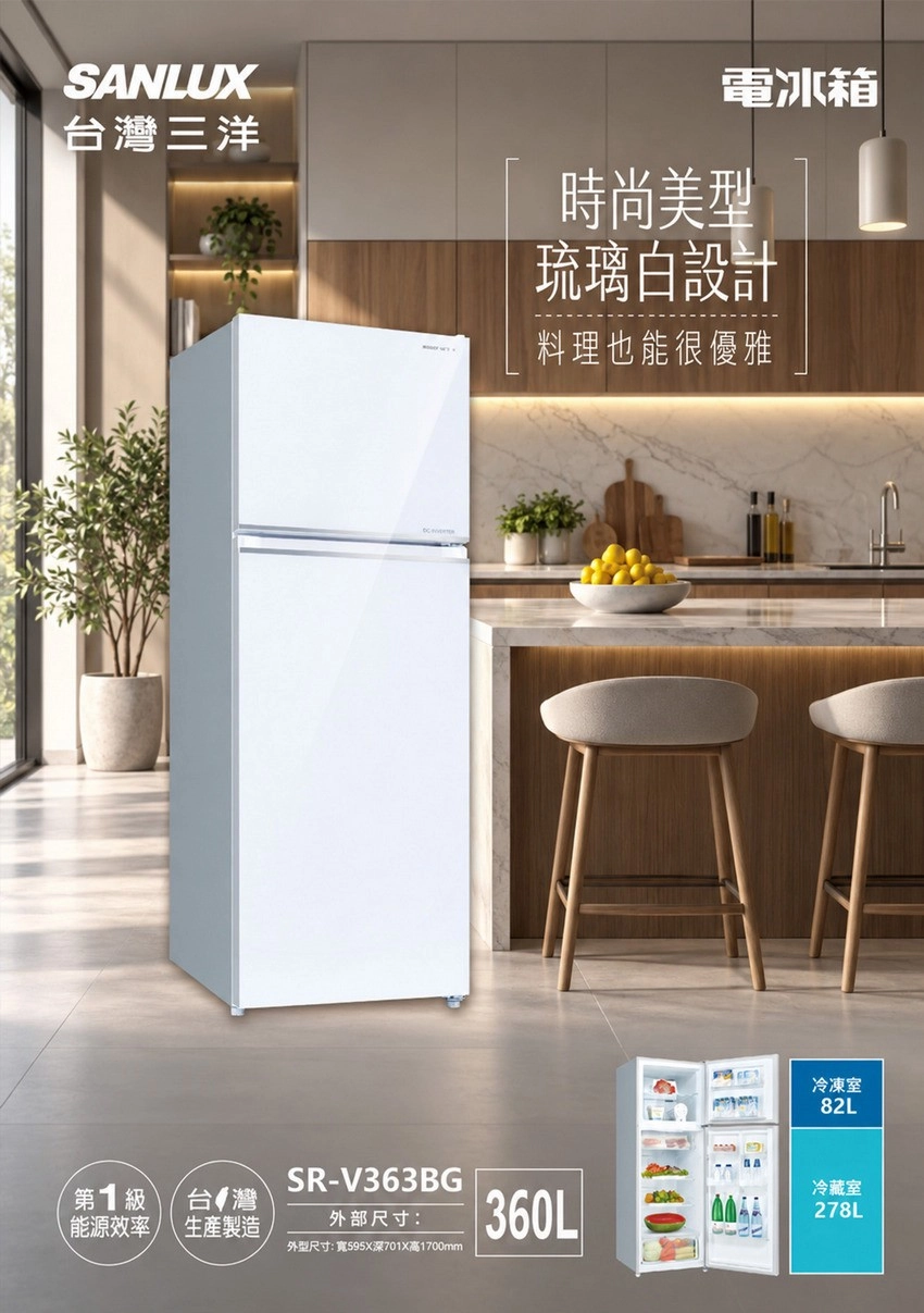 SANLUX台灣三洋電冰箱時尚美型琉璃設計料理也能很優雅第1級台 灣能源效率生產製造冷凍室82LSR-V363BG外部尺寸:外型尺寸:寬595X深701X高1700mm 360L冷藏室278L