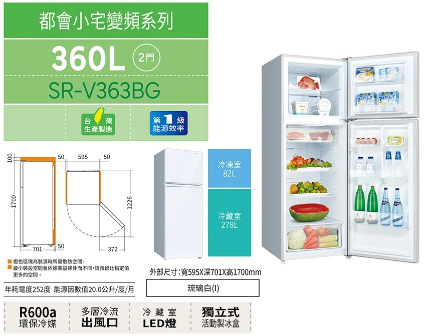 700-100都會小宅變頻系列360L2SR-V363BG 灣生產製造第1 能源效率50595 501226冷凍室82L冷藏室278L50701372 橙色區塊為裝潢時所需散熱空間。最小裝設空間會依據裝設條件而不同,請預留比指定值更多的空間。年耗電度252度 能源因數值20.0公升/度/月外部尺寸:寬595X深701X高1700mm琉璃白(I)R600ap多層冷流冷藏室獨立式環保冷媒出風口LED燈活動製冰盒