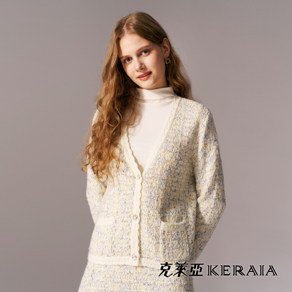 【KERAIA 克萊亞】魅力價-香草奶昔緹花綿羊毛針織外套
