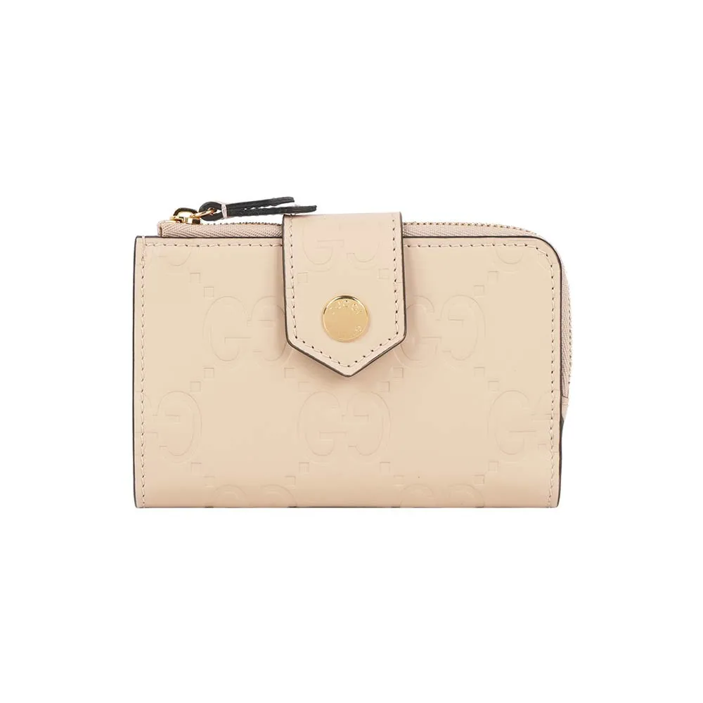 Gucci GG Logo 牛皮壓紋釦式二折中夾(淺米色)
