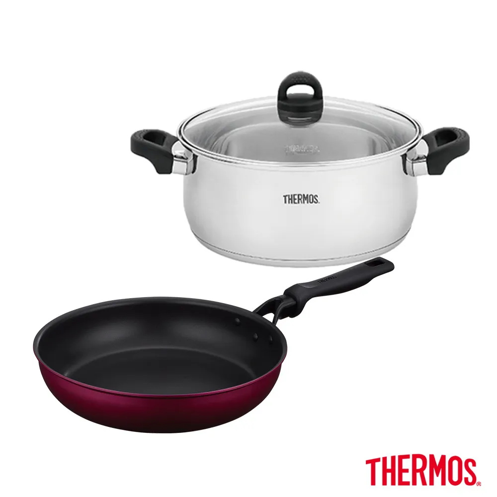 【THERMOS膳魔師】厚鑄耐摩不沾鍋單柄平底鍋28cm+不鏽鋼含玻璃上蓋饌饗雙耳湯鍋火鍋28cm(KFM-028-R+KOP-W28N)