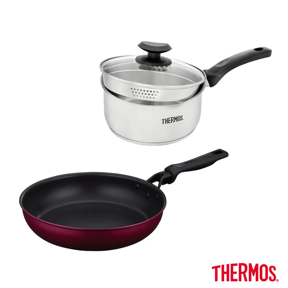 【THERMOS膳魔師】厚鑄耐摩不沾鍋單柄平底鍋28cm+不鏽鋼附蓋單柄湯鍋瀝水鍋雪平鍋18cm(KFM-028-R+SPC-S18)