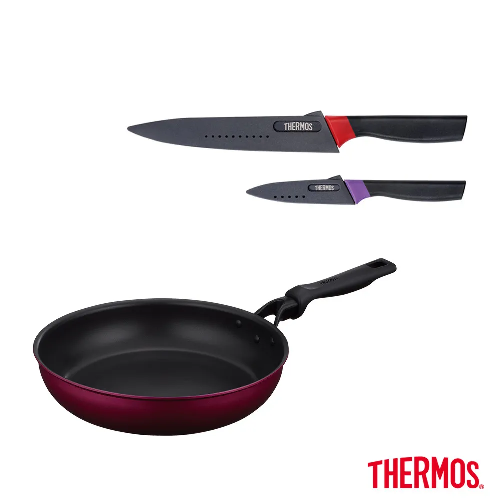 【THERMOS膳魔師】厚鑄耐摩不沾鍋單柄平底鍋28cm+不鏽鋼二入刀具組 主廚刀+水果刀(KFM-028-R+FA-05N)