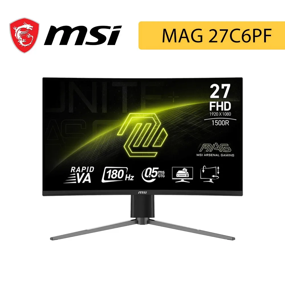 MSI 微星MAG 27C6PF 27型 VA FHD曲面電競螢幕(180Hz/DP+HDMI/1500R曲/HDR Ready)