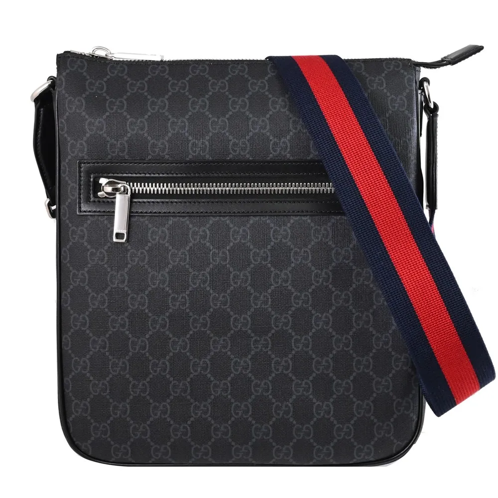 GUCCI 792081 GG Supreme 經典印花斜背包 郵差包 黑 灰-