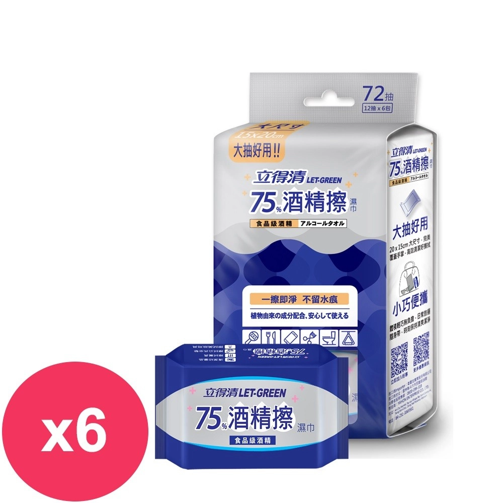 立得清 
抗菌隨身包 75%酒精擦濕巾迷你包-12抽x6包入