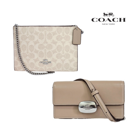 COACH銀馬車滿版白斜背包 COACH奶茶色斜背包
