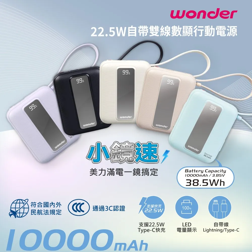 WONDER 22.5W自帶雙線數顯行動電源10000mAh