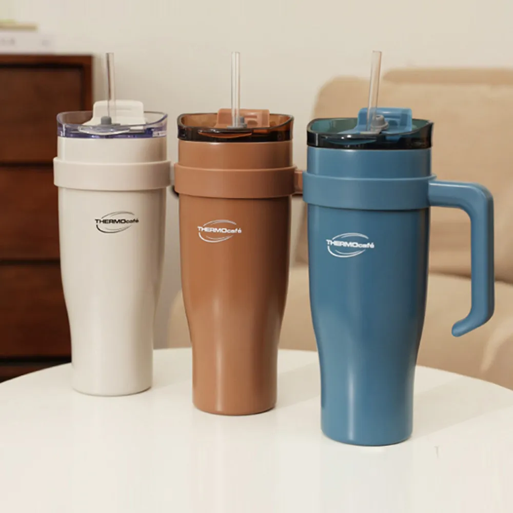 【THERMOcafe凱菲】不鏽鋼兩用吸管保冷杯手把杯1200ml(TCHC-1200)　TCHC-1200-DB(靛海藍)