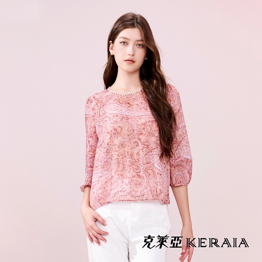 【KERAIA 克萊亞】霞色流光優雅印花雪紡上衣