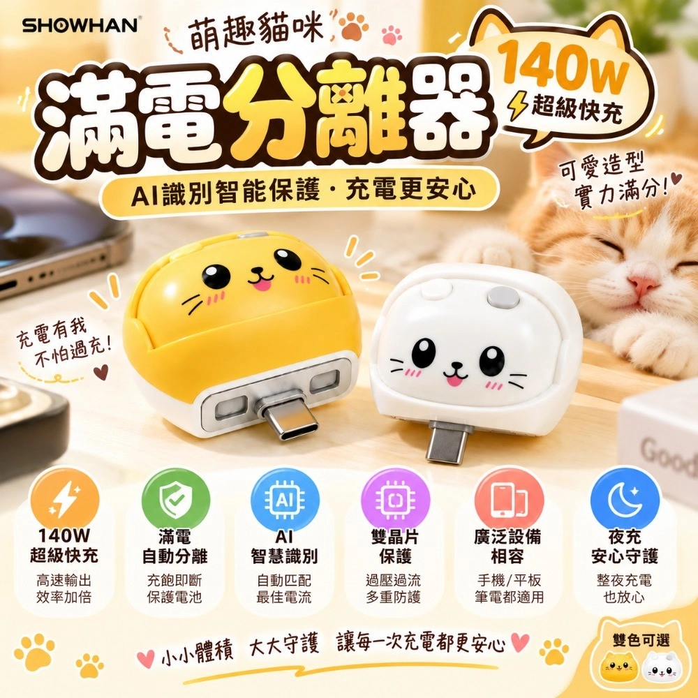 SHOWHAN 140W 萌趣貓咪Al識別智能保護滿電分離器