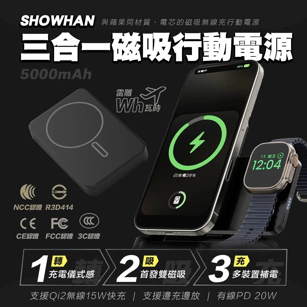 SHOWHAN 磁吸三用 旋轉/支架 無線充行動電源